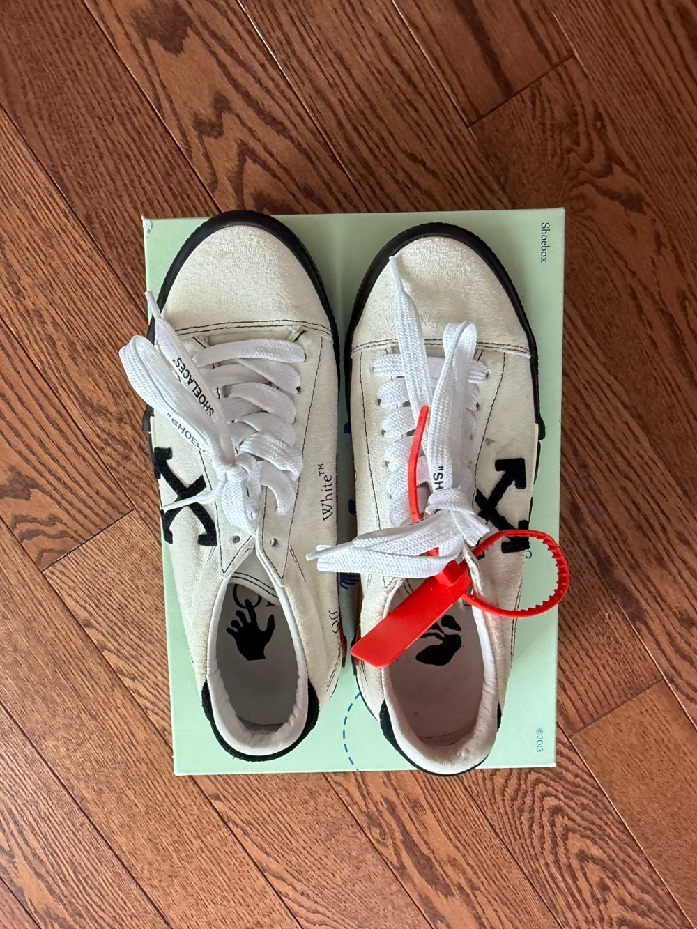 Off-White White Low-Top Sneakers with Black Arrows and Red Zip Tie